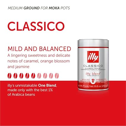 illy Ground Coffee Moka - 100% Arabica Coffee Ground - Rich Aromatic Coffee Grounds – Classico Medium Roast - Notes of Caramel, Orange Blossom & Jasmine - No Preservatives – 8.8 Ounce, 12 Pack