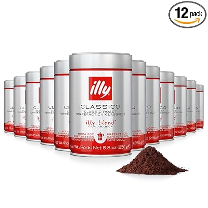 illy Ground Coffee Moka - 100% Arabica Coffee Ground - Rich Aromatic Coffee Grounds – Classico Medium Roast - Notes of Caramel, Orange Blossom & Jasmine - No Preservatives – 8.8 Ounce, 12 Pack