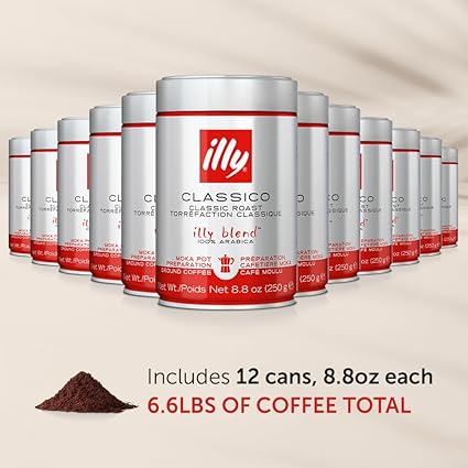 illy Ground Coffee Moka - 100% Arabica Coffee Ground - Rich Aromatic Coffee Grounds – Classico Medium Roast - Notes of Caramel, Orange Blossom & Jasmine - No Preservatives – 8.8 Ounce, 12 Pack