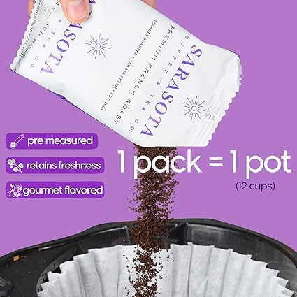 Sarasota Coffee Ground Packets | Low Acid Dark Roast Ground Coffee Packs | European French Roast | Mold Free and Individual Packets for 12 Cups | 1.75 Ounce Bags, 100 Count