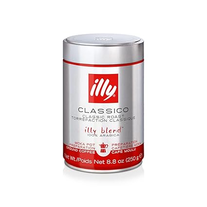 illy Ground Coffee Moka - 100% Arabica Coffee Ground - Rich Aromatic Coffee Grounds – Classico Medium Roast - Notes of Caramel, Orange Blossom & Jasmine - No Preservatives – 8.8 Ounce, 12 Pack