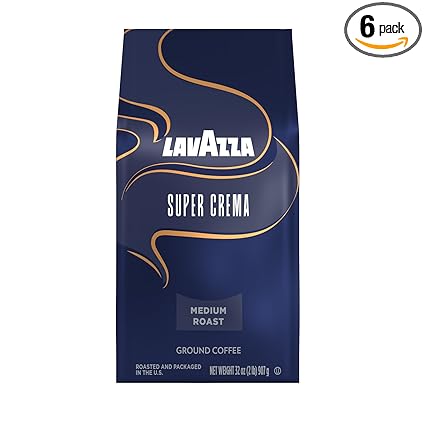 Lavazza Super Crema Ground Coffee, Medium Roast, Arabica and Robusta Blend, 32 oz Bag (Pack of 6)