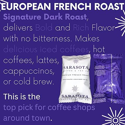 Sarasota Coffee Ground Packets | Low Acid Dark Roast Ground Coffee Packs | European French Roast | Mold Free and Individual Packets for 12 Cups | 1.75 Ounce Bags, 100 Count