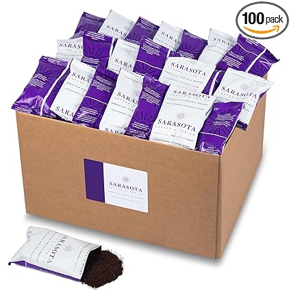 Sarasota Coffee Ground Packets | Low Acid Dark Roast Ground Coffee Packs | European French Roast | Mold Free and Individual Packets for 12 Cups | 1.75 Ounce Bags, 100 Count