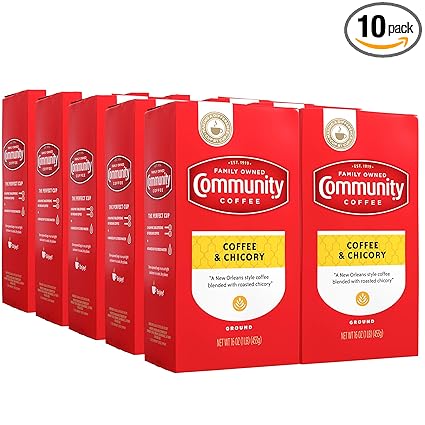 Community Coffee Coffee & Chicory Blend 160 Ounce, Medium Dark Roast Ground Coffee, 16 Ounce Bag (Pack of 10)